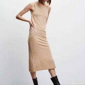 Mango Sleeveless Beige Side Slit Knit Midi Dress